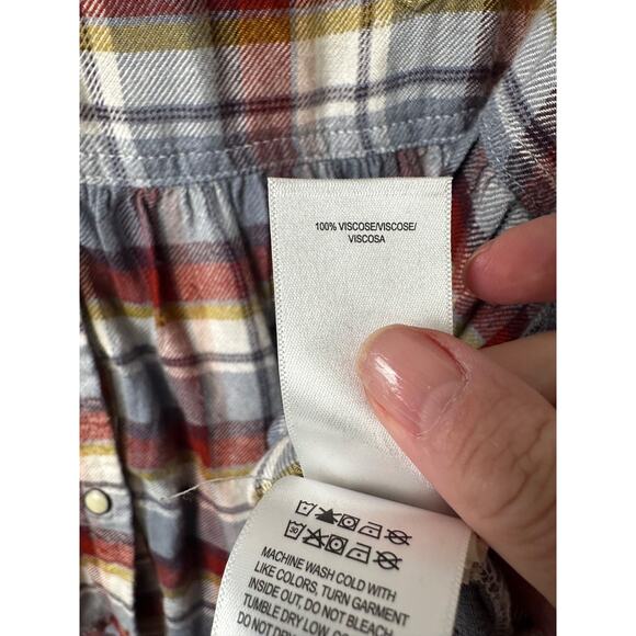 Lucky Brand Flannel Shirt Ruffle L Burgundy & Grey Plaid Peplum Ruffle Button B8 - Picture 6 of 9